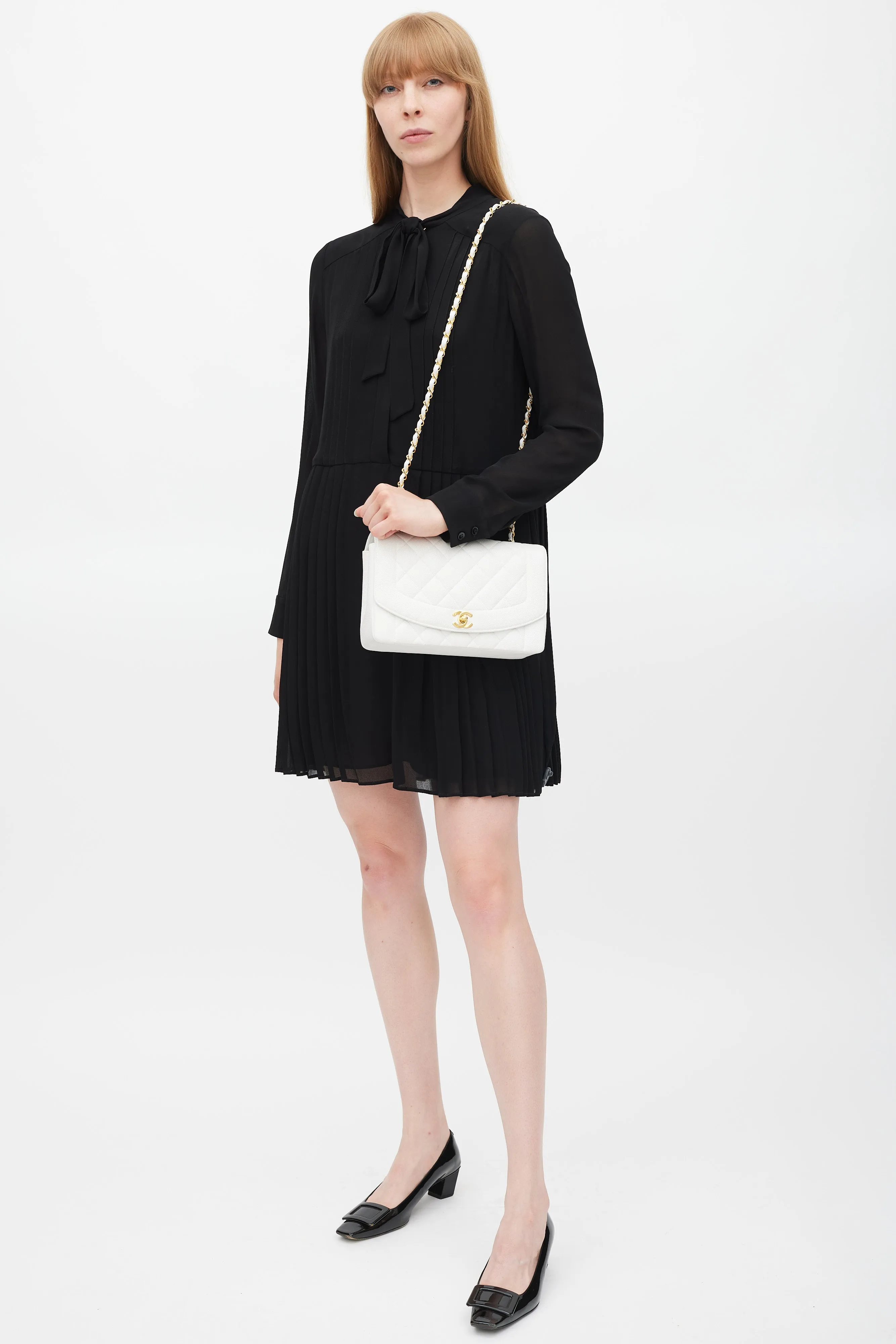 1990s White Caviar Leather Diana Flap Bag