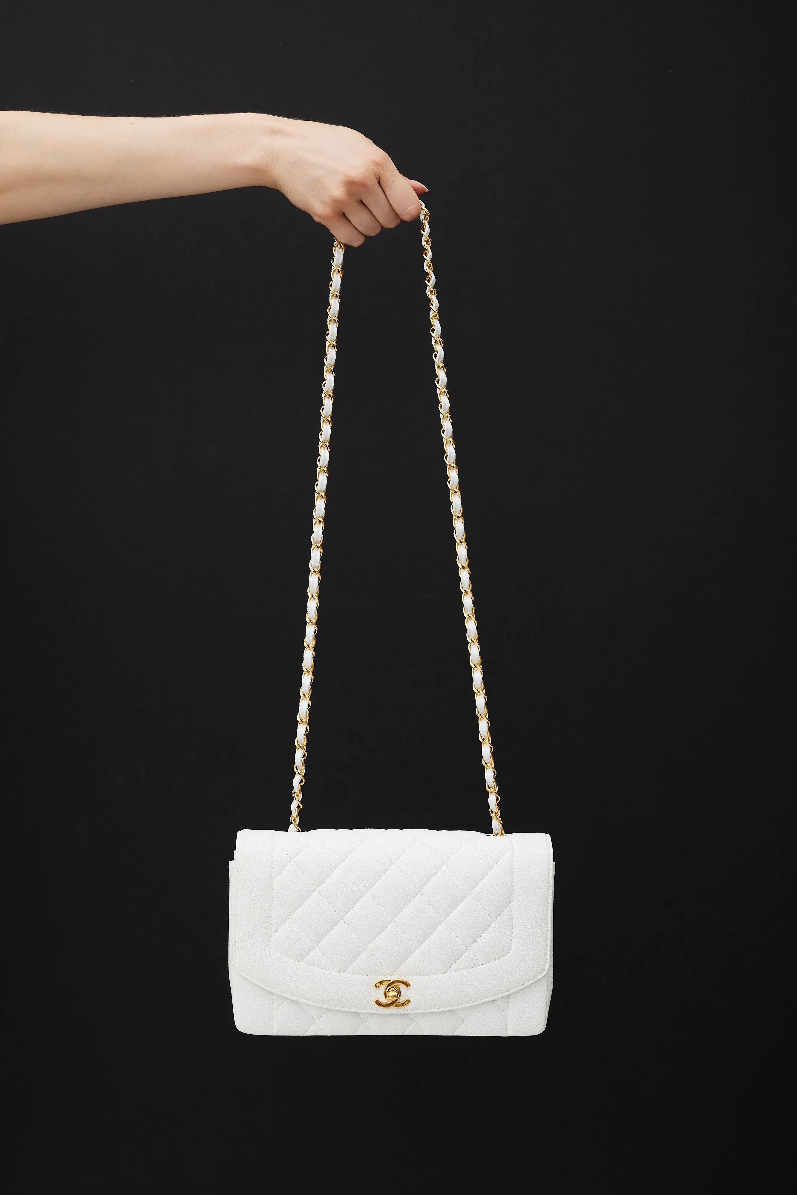 1990s White Caviar Leather Diana Flap Bag