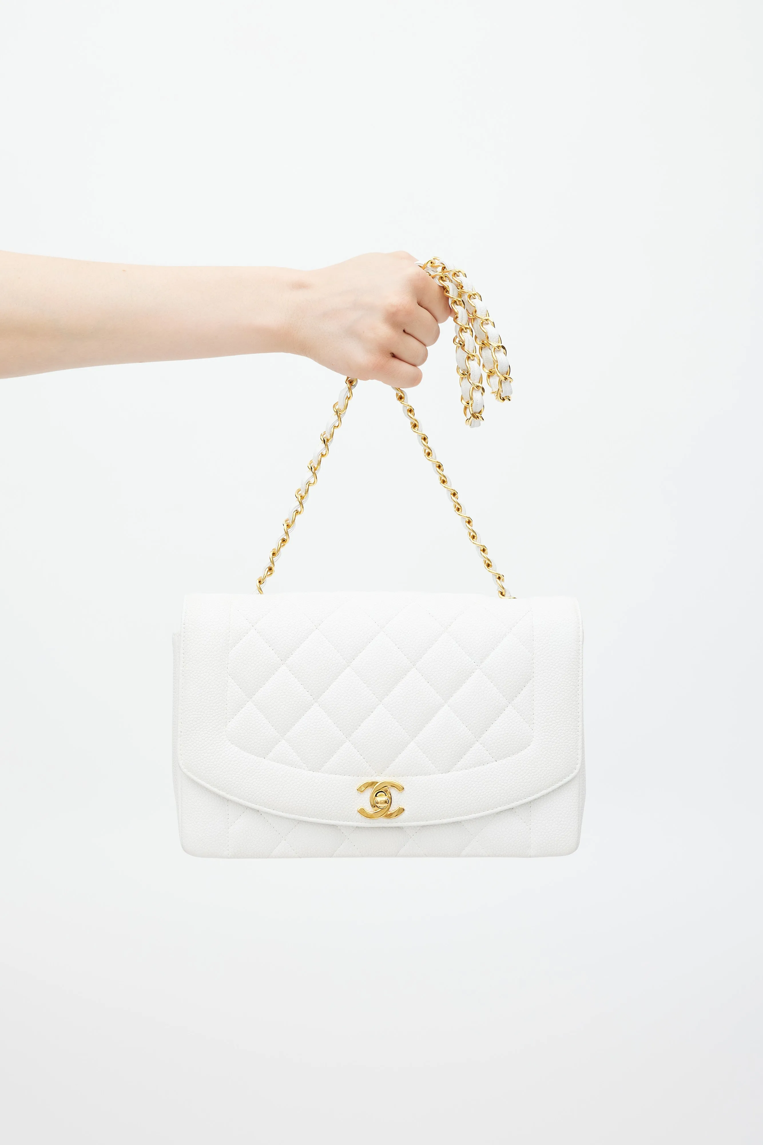 1990s White Caviar Leather Diana Flap Bag