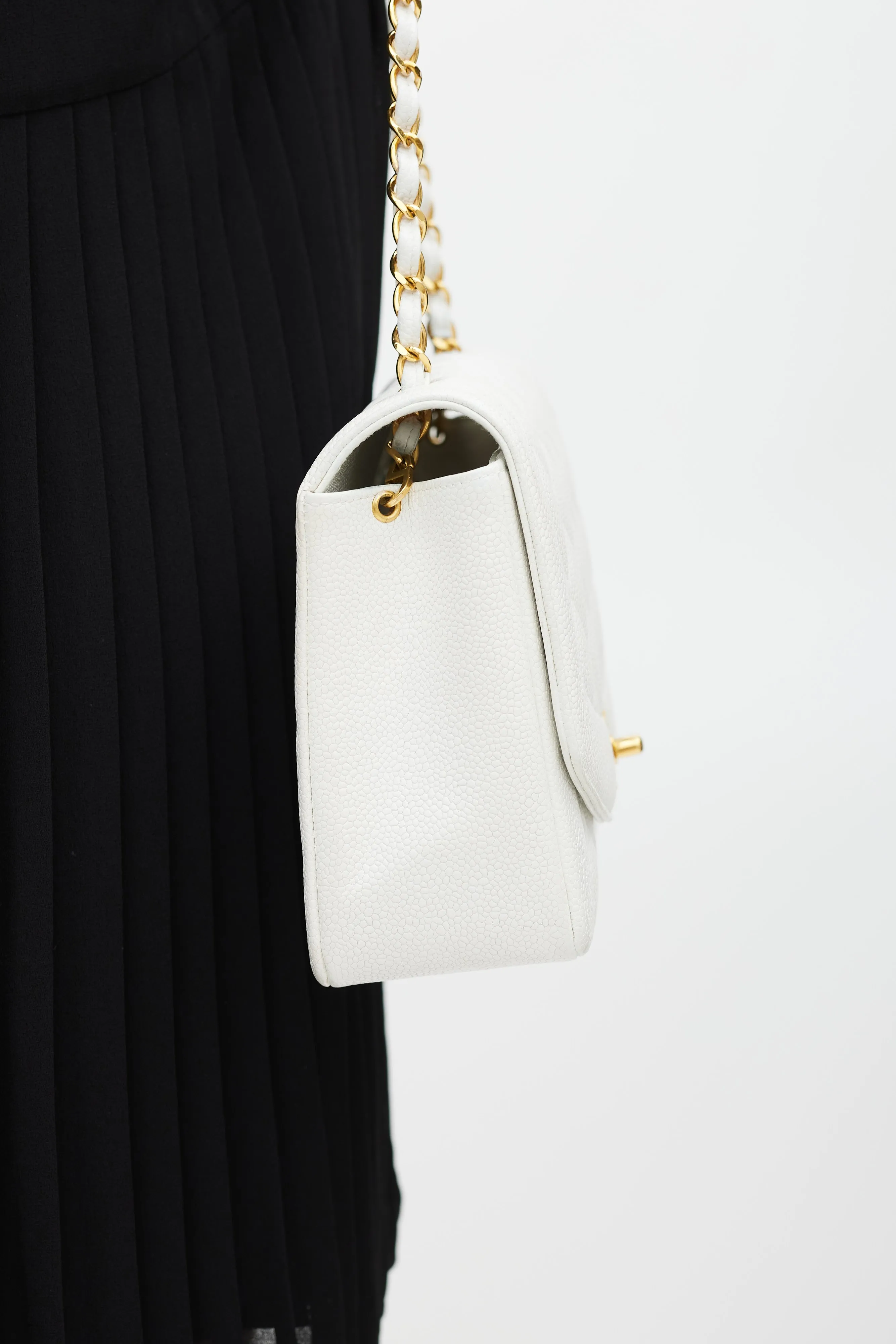 1990s White Caviar Leather Diana Flap Bag