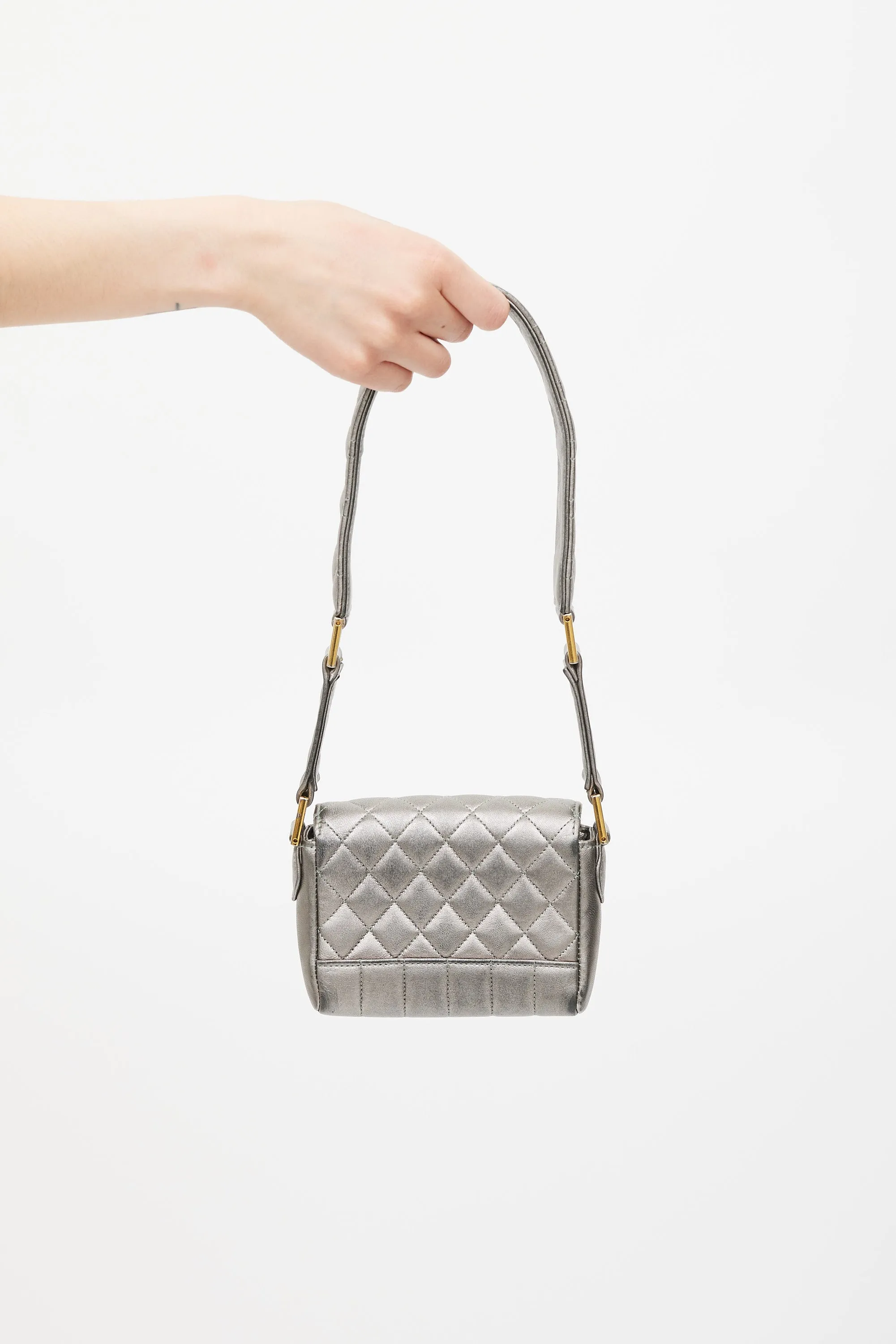 1991 Silver Leather & 24K Gold Mini Single Flap Bag