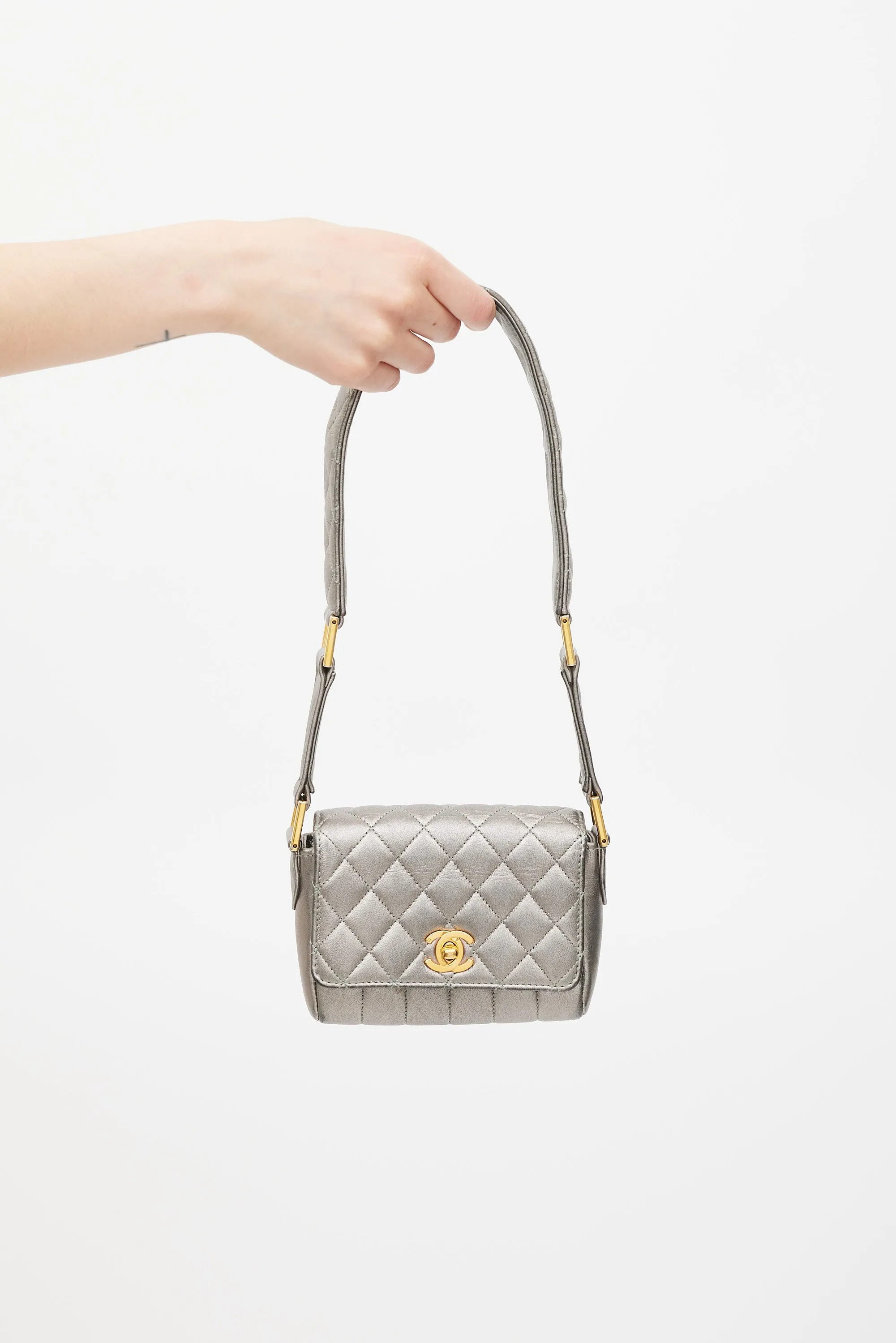 1991 Silver Leather & 24K Gold Mini Single Flap Bag