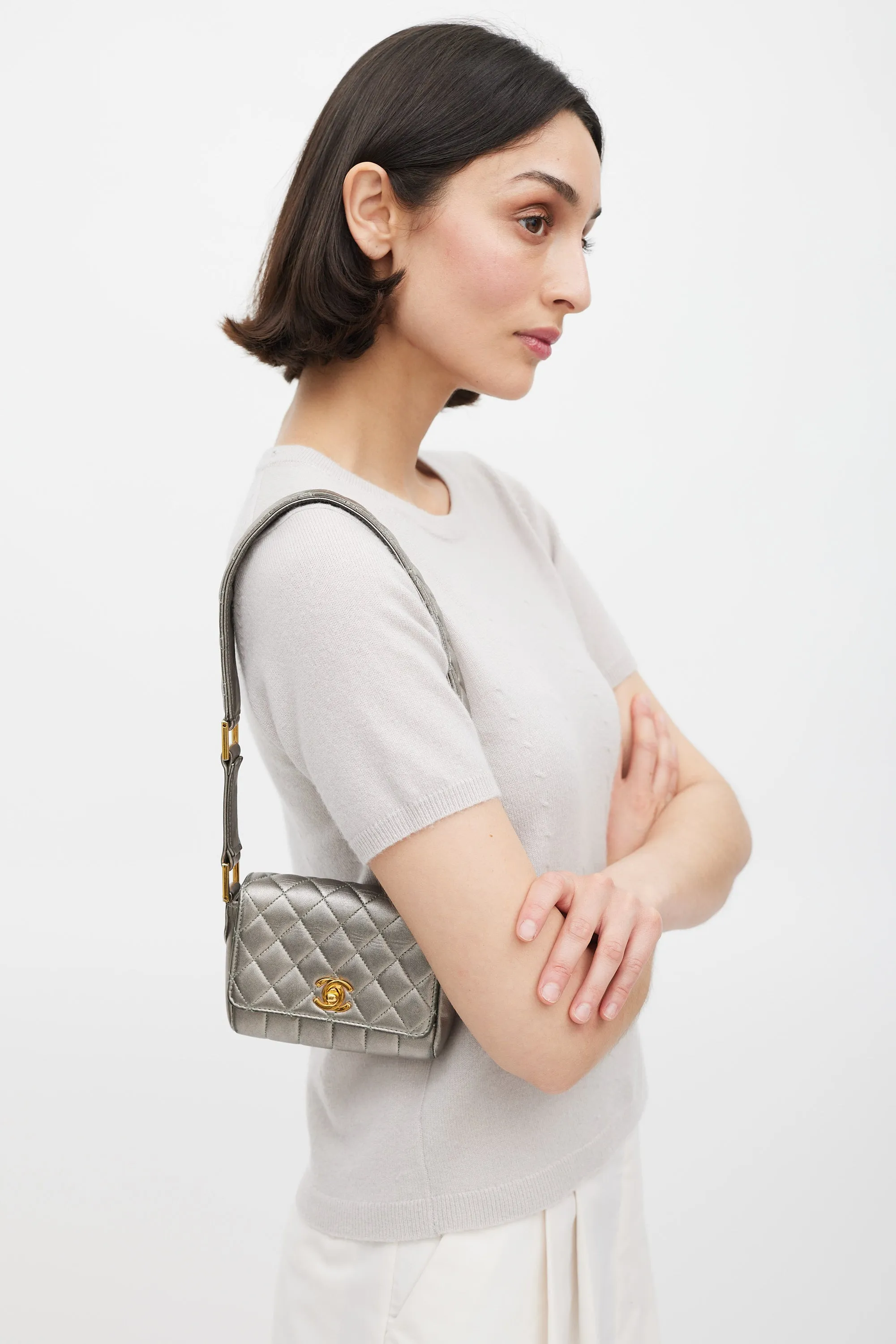 1991 Silver Leather & 24K Gold Mini Single Flap Bag