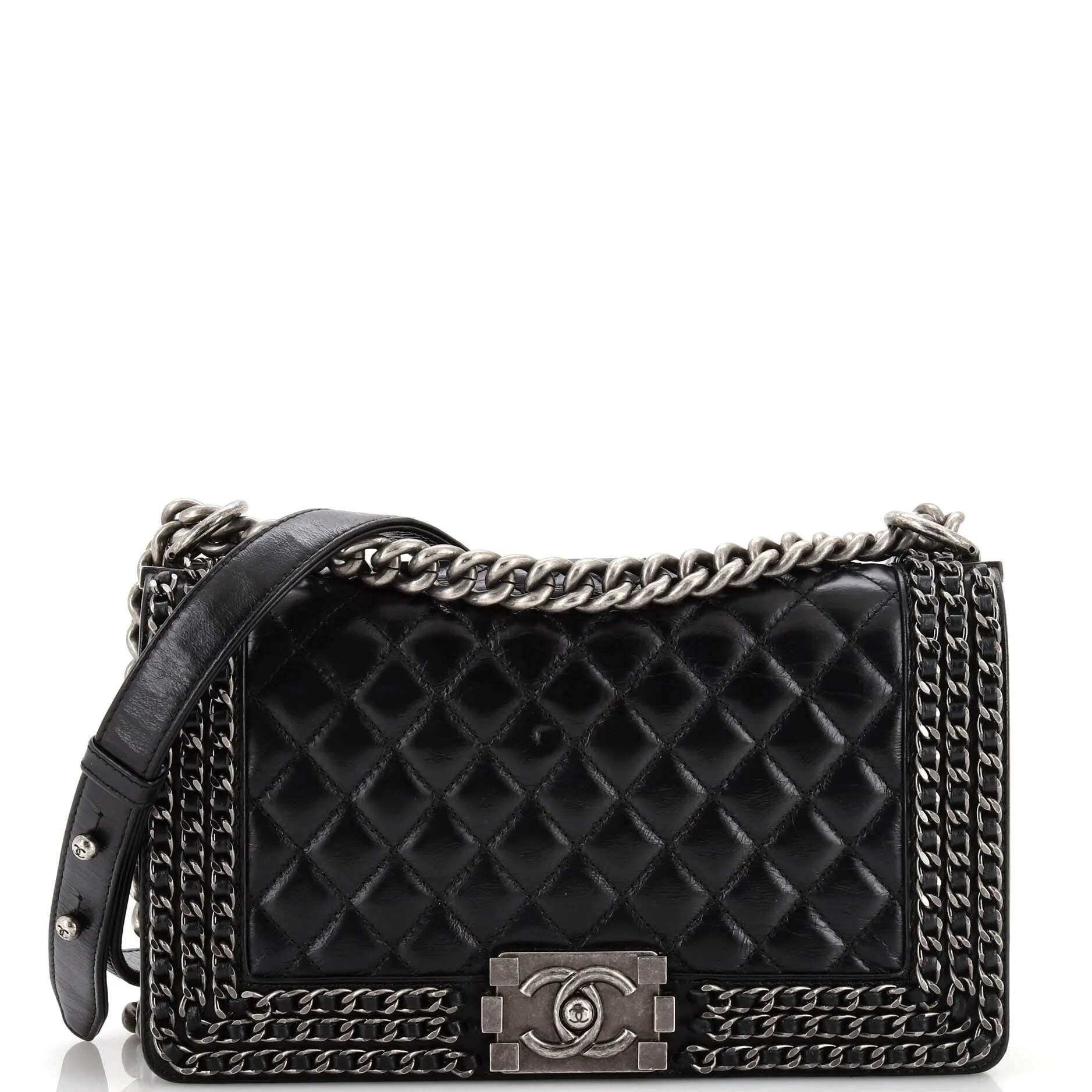 CHANEL Chained Boy Flap Bag Quilted Glazed Calfskin Old Medium