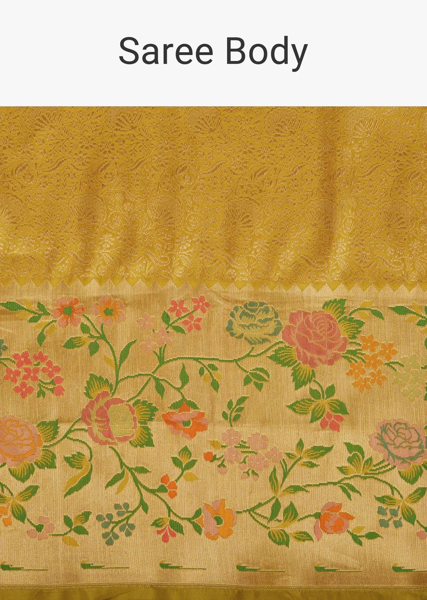 Golden Yellow Banarasi Handloom Saree In Katan Silk With Unstitched Blouse