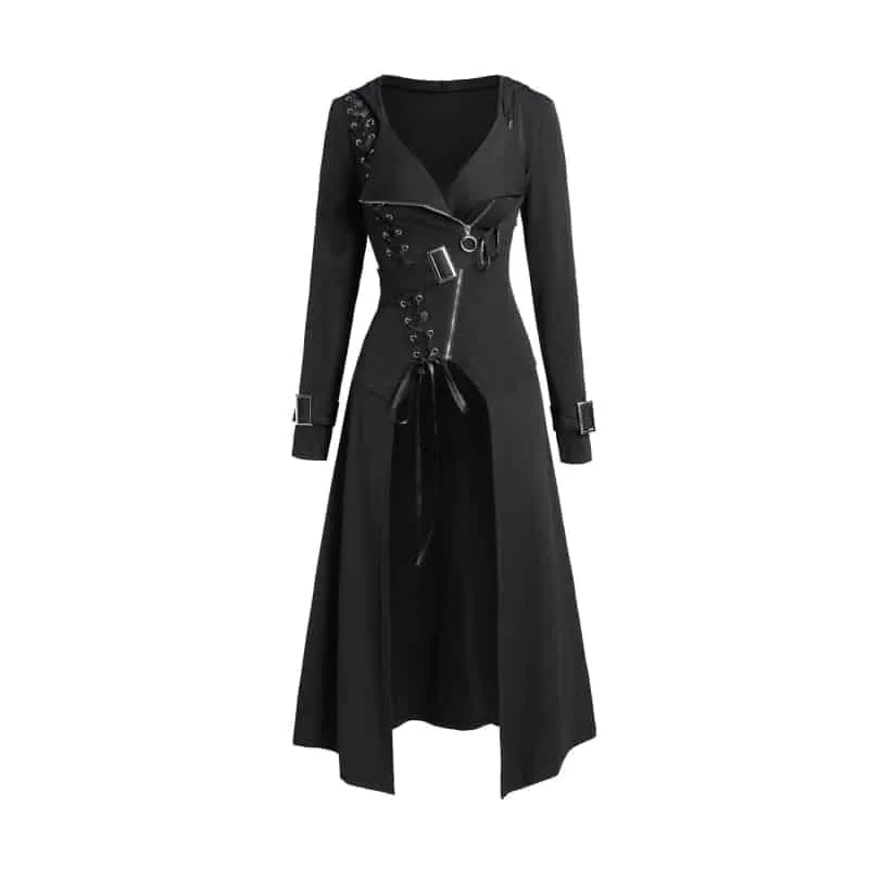 Gothic Hooded Lace Up Zipper Long Sleeve Trench Over Coat