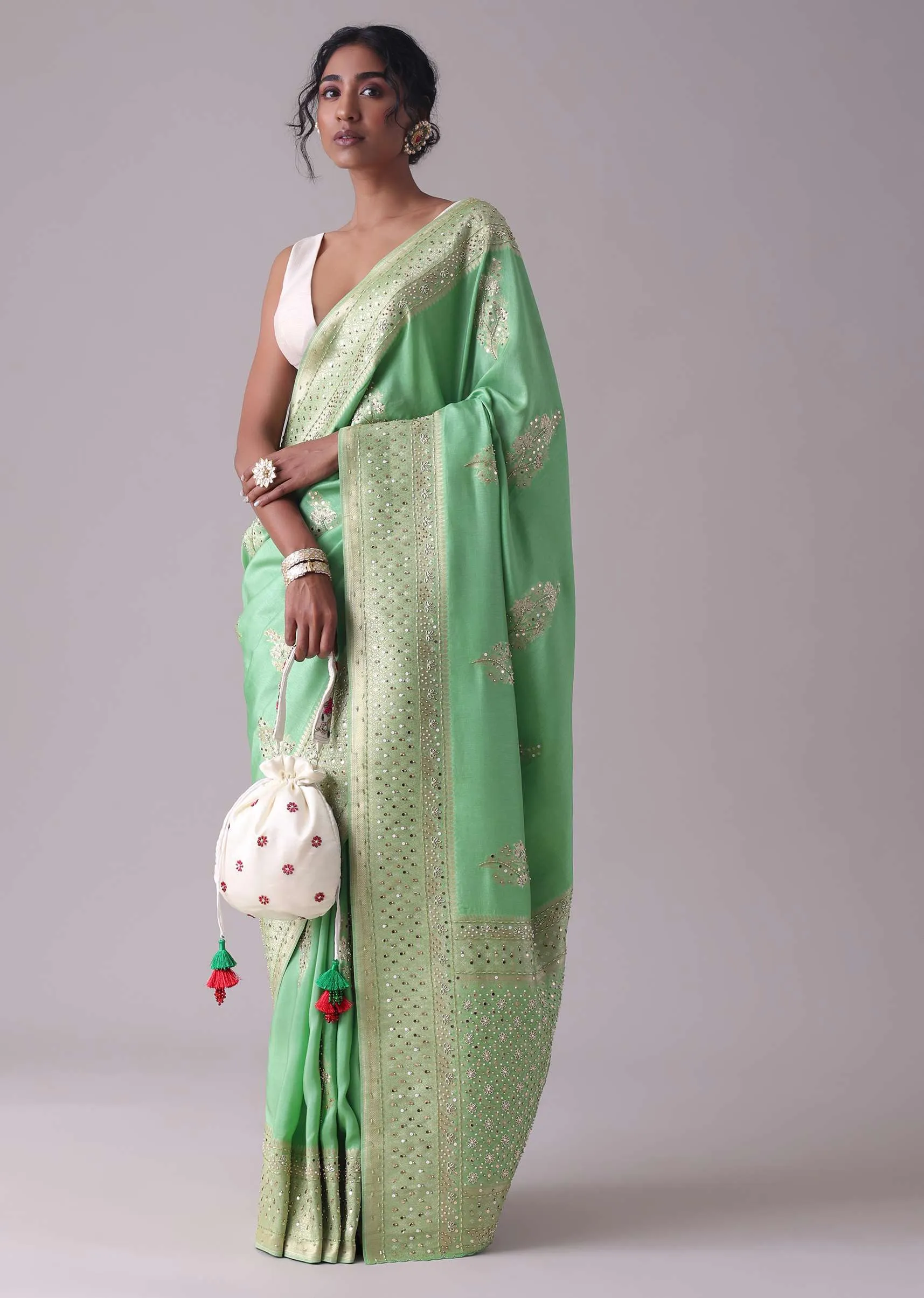 Jadesheen Green Embroidered Saree In Khadi Silk