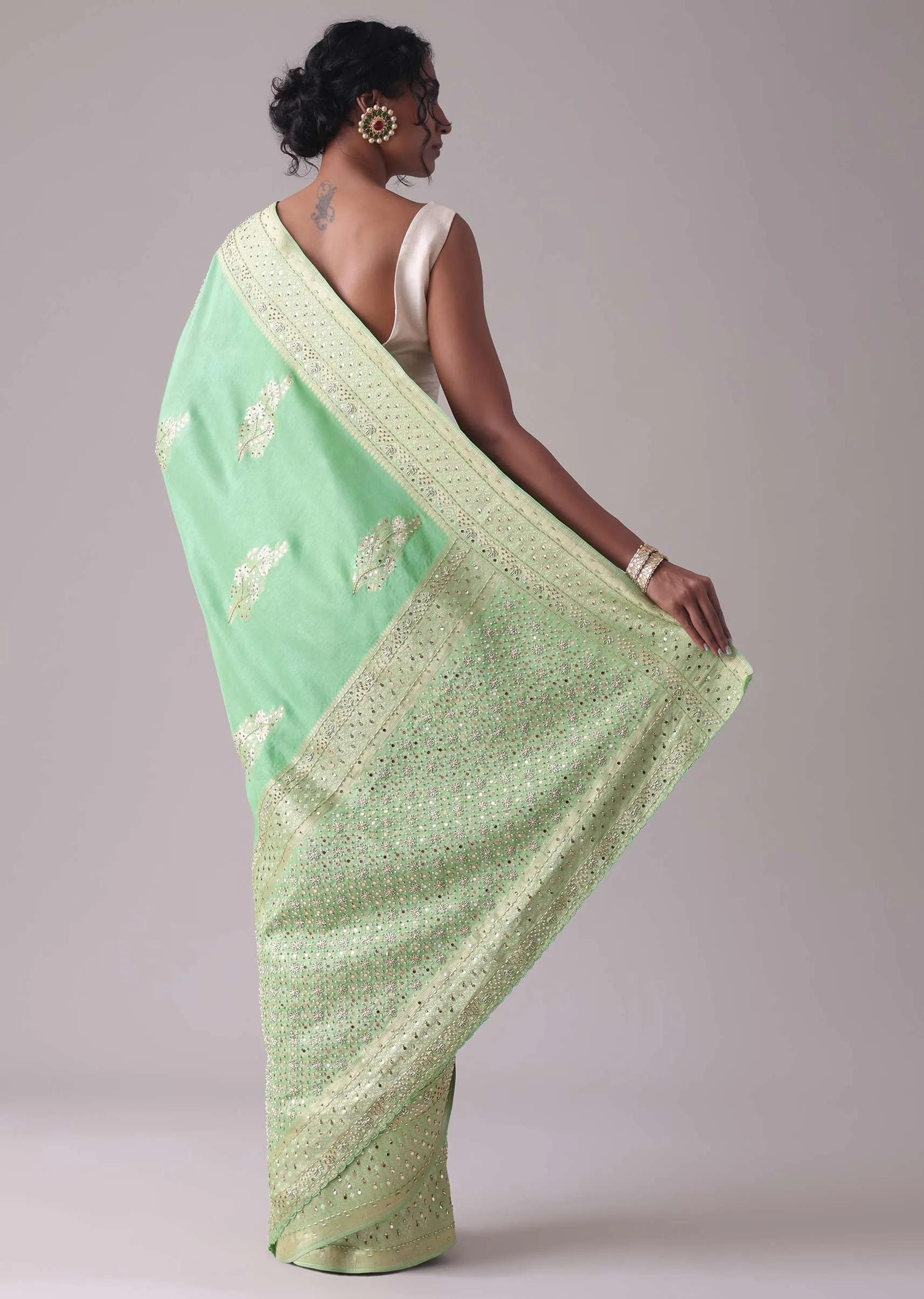 Jadesheen Green Embroidered Saree In Khadi Silk