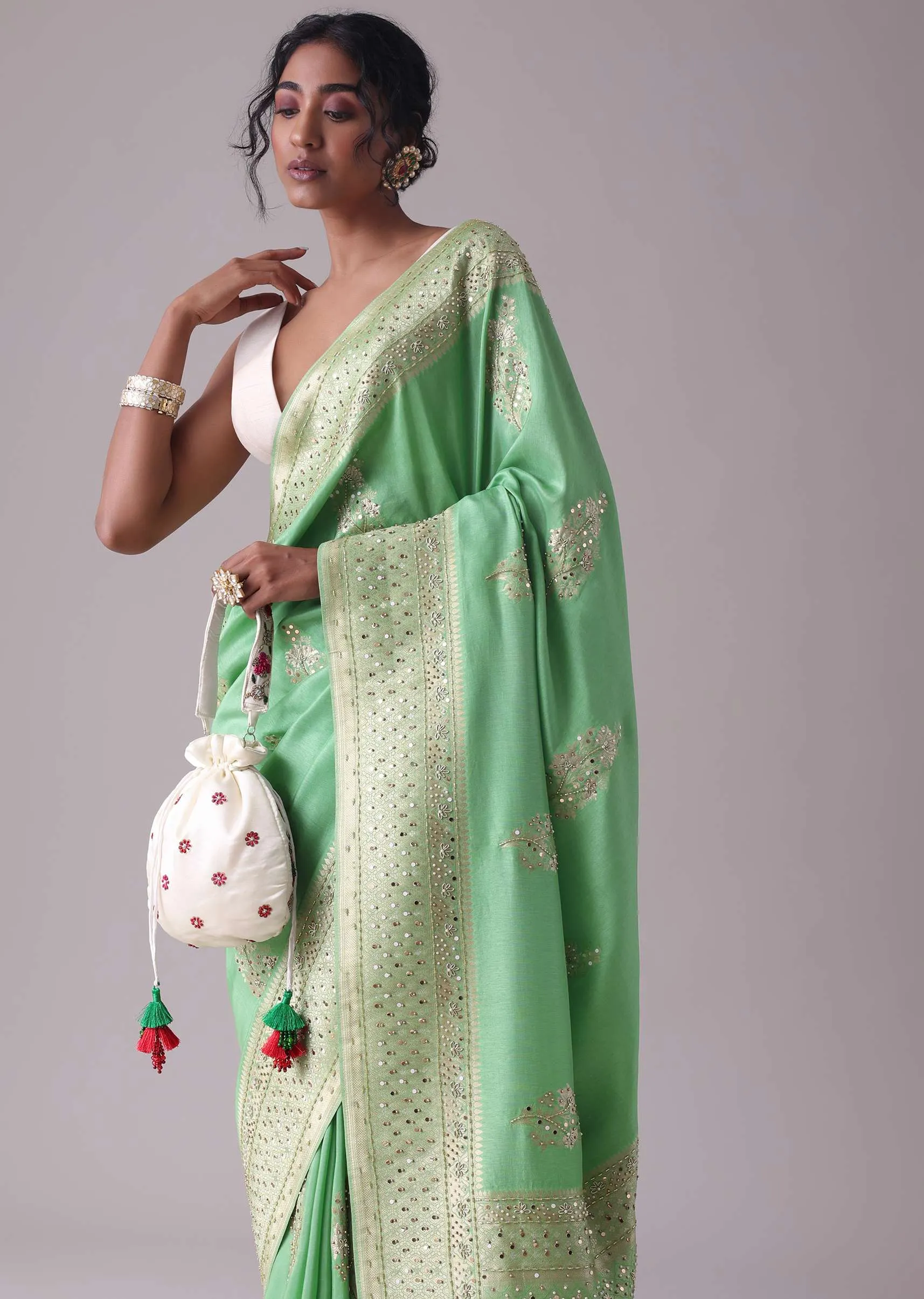 Jadesheen Green Embroidered Saree In Khadi Silk