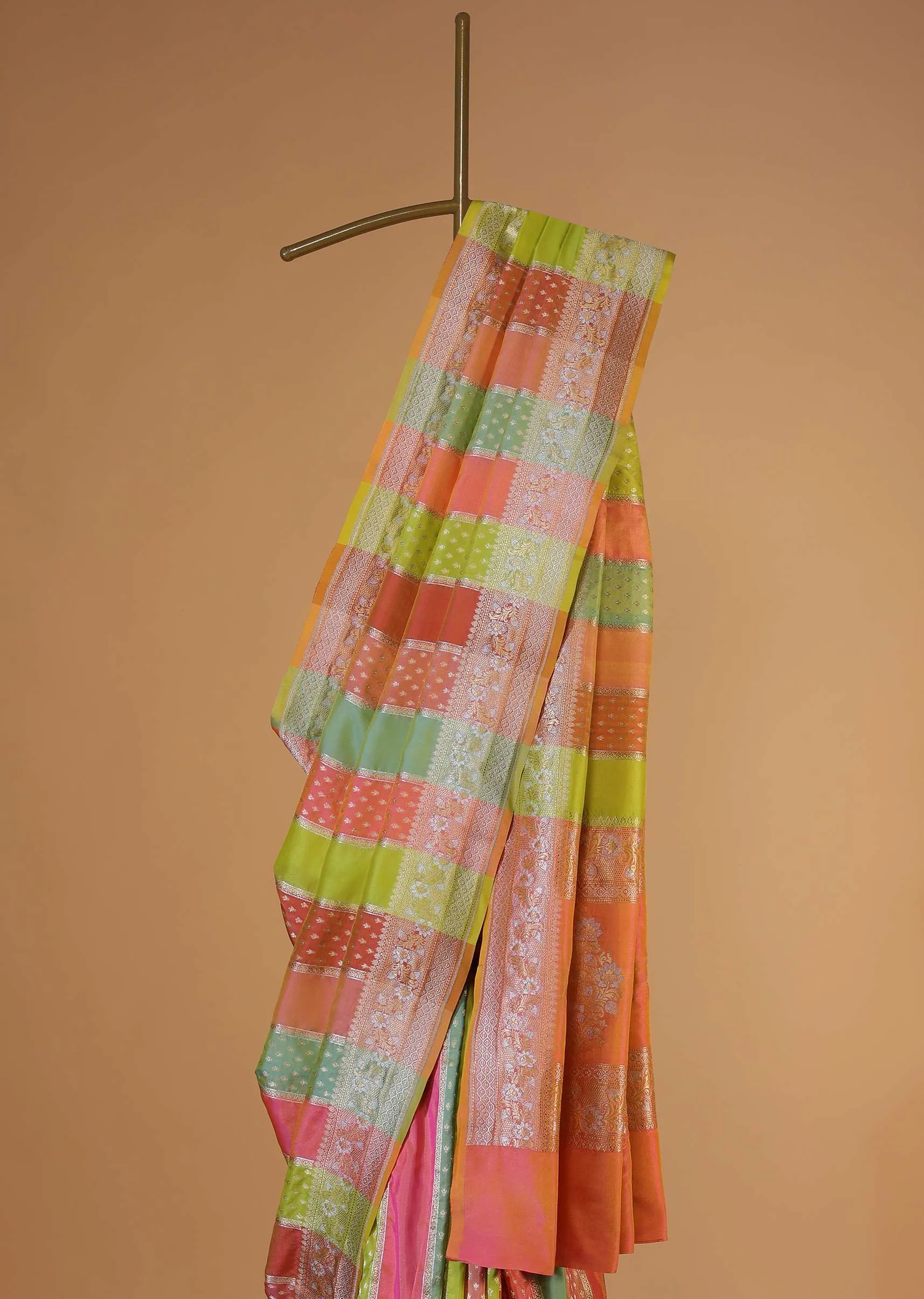 Multicolour Saree In Katan Silk With Silver-Gold Kadhva Weave And Unstitched Blouse