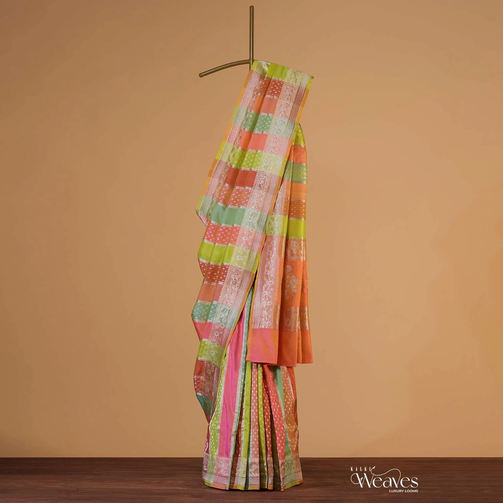 Multicolour Saree In Katan Silk With Silver-Gold Kadhva Weave And Unstitched Blouse