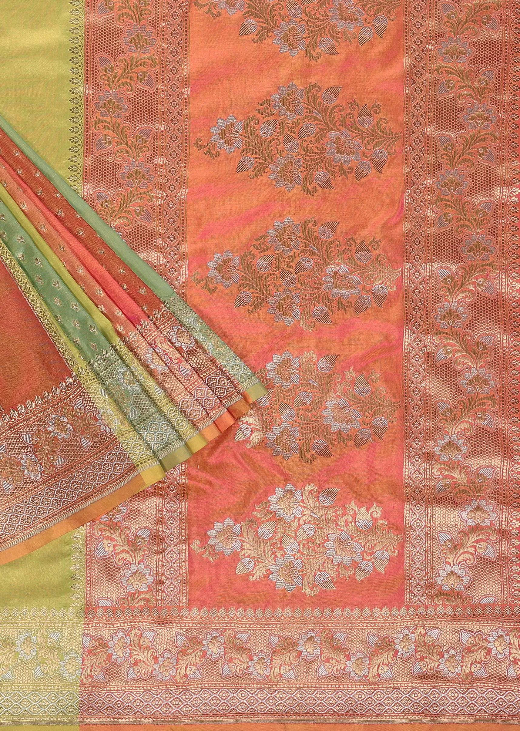 Multicolour Saree In Katan Silk With Silver-Gold Kadhva Weave And Unstitched Blouse