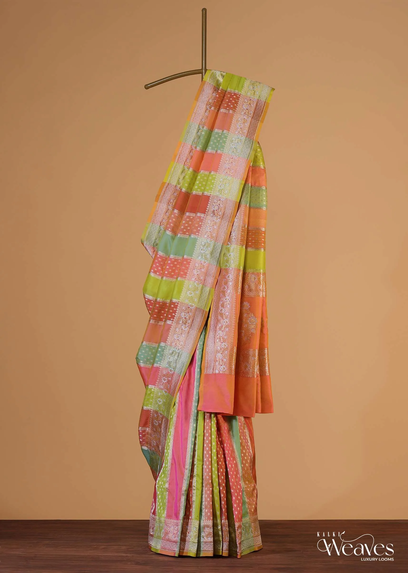 Multicolour Saree In Katan Silk With Silver-Gold Kadhva Weave And Unstitched Blouse