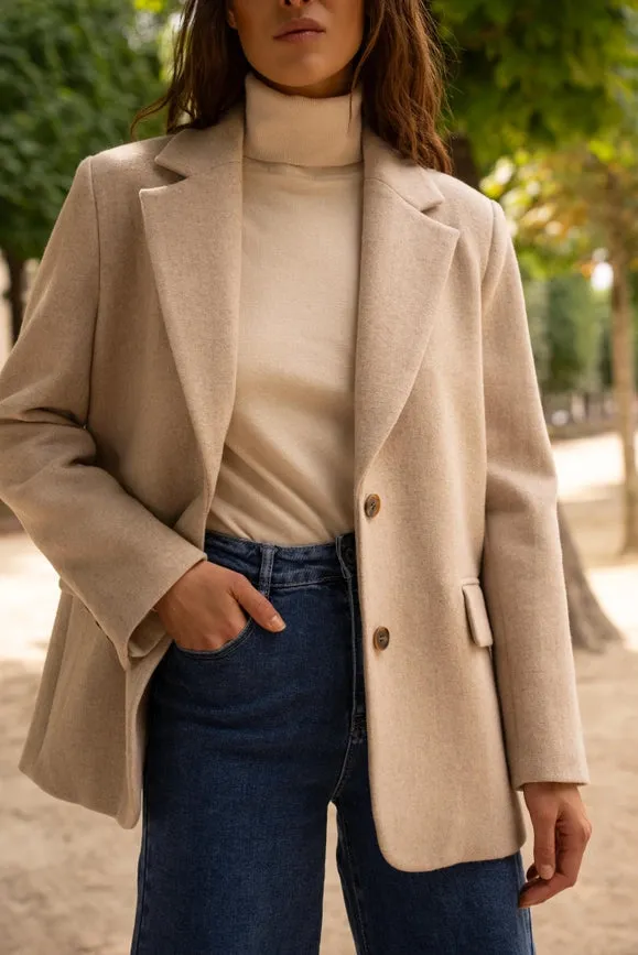 Oversized Wool Jacket with Double Breasted Detail Beige