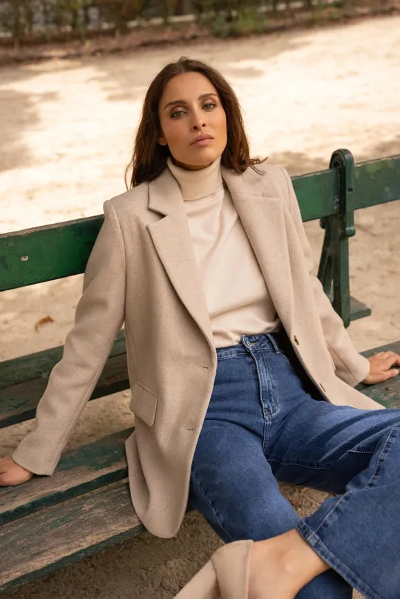 Oversized Wool Jacket with Double Breasted Detail Beige