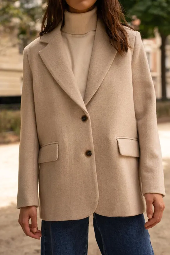 Oversized Wool Jacket with Double Breasted Detail Beige
