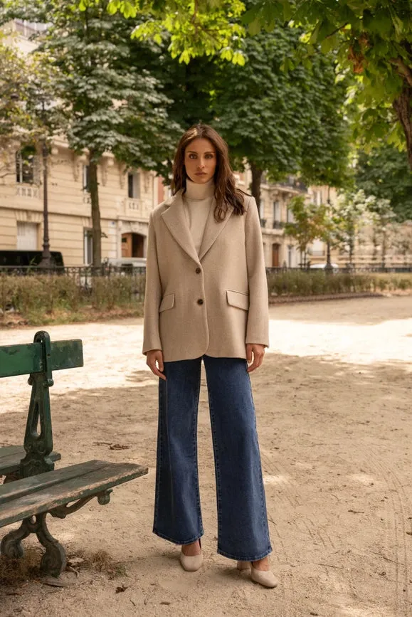 Oversized Wool Jacket with Double Breasted Detail Beige