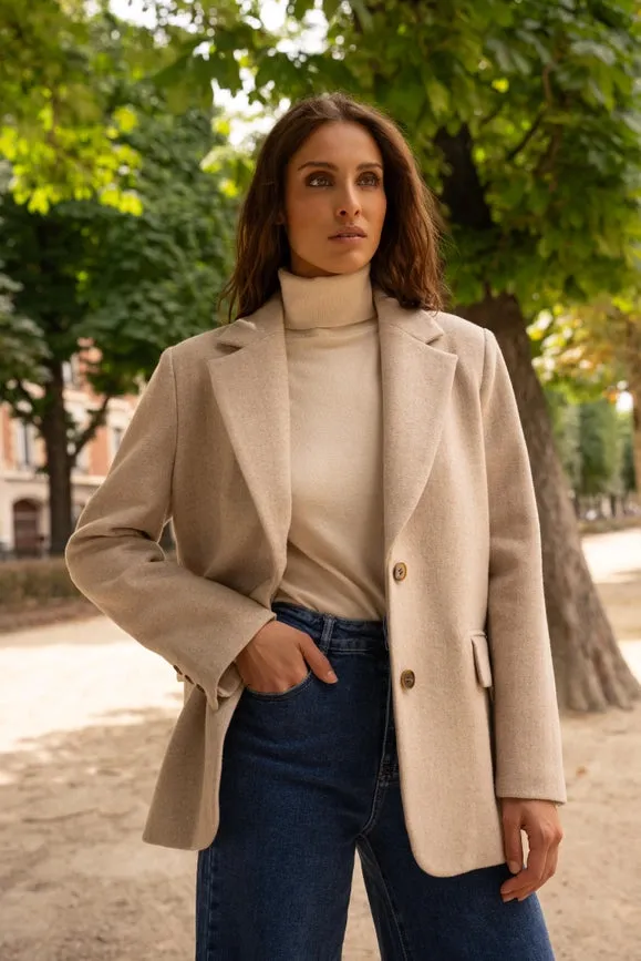 Oversized Wool Jacket with Double Breasted Detail Beige