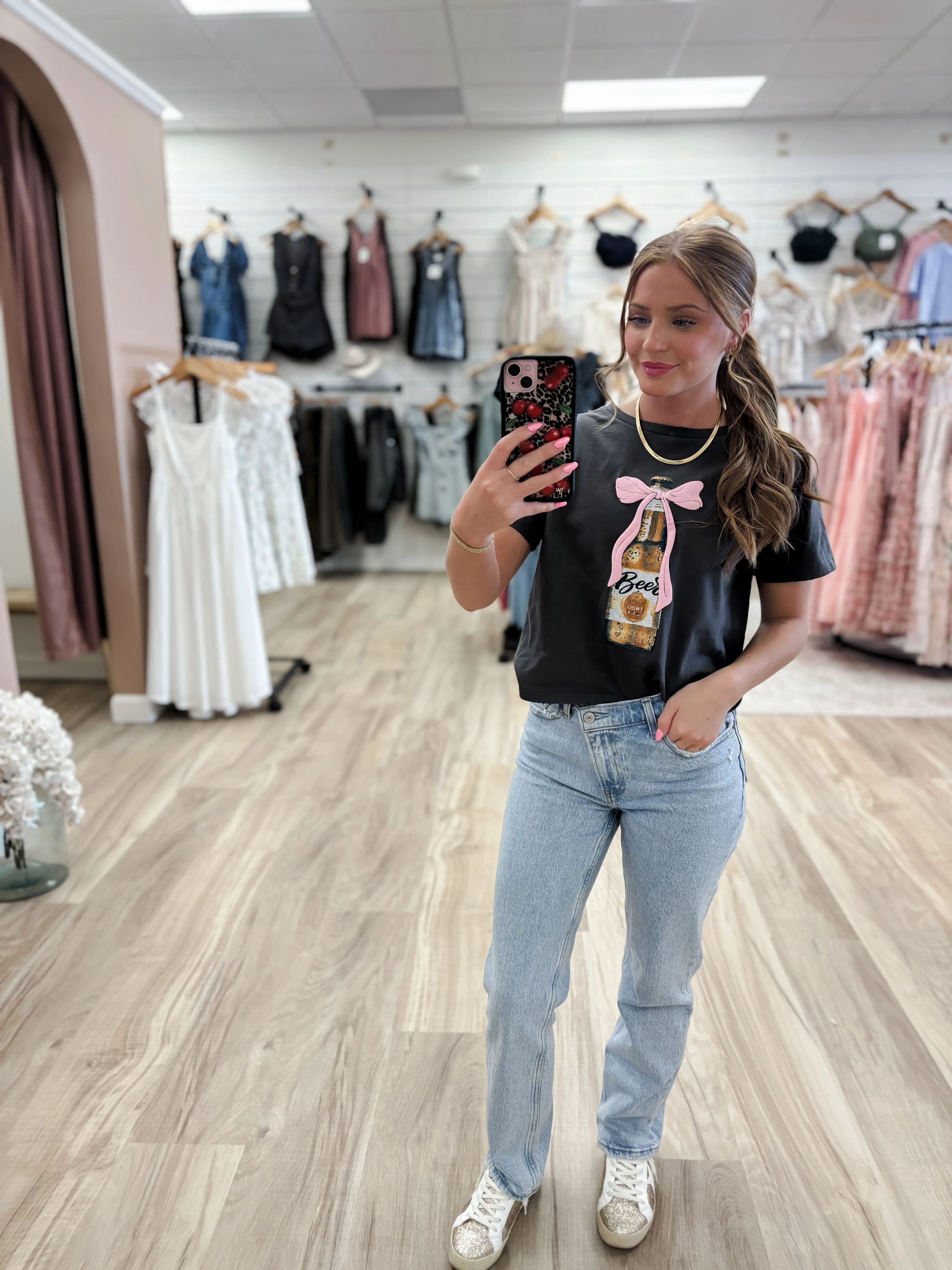 Puff Coquette Bow Beer Vintage Black Cropped Tee