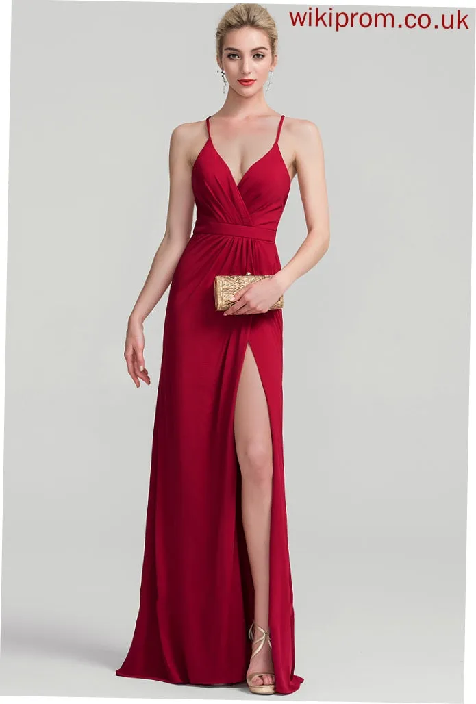 Sheath/Column Alessandra V-neck Ruffle Floor-Length With Jersey Prom Dresses