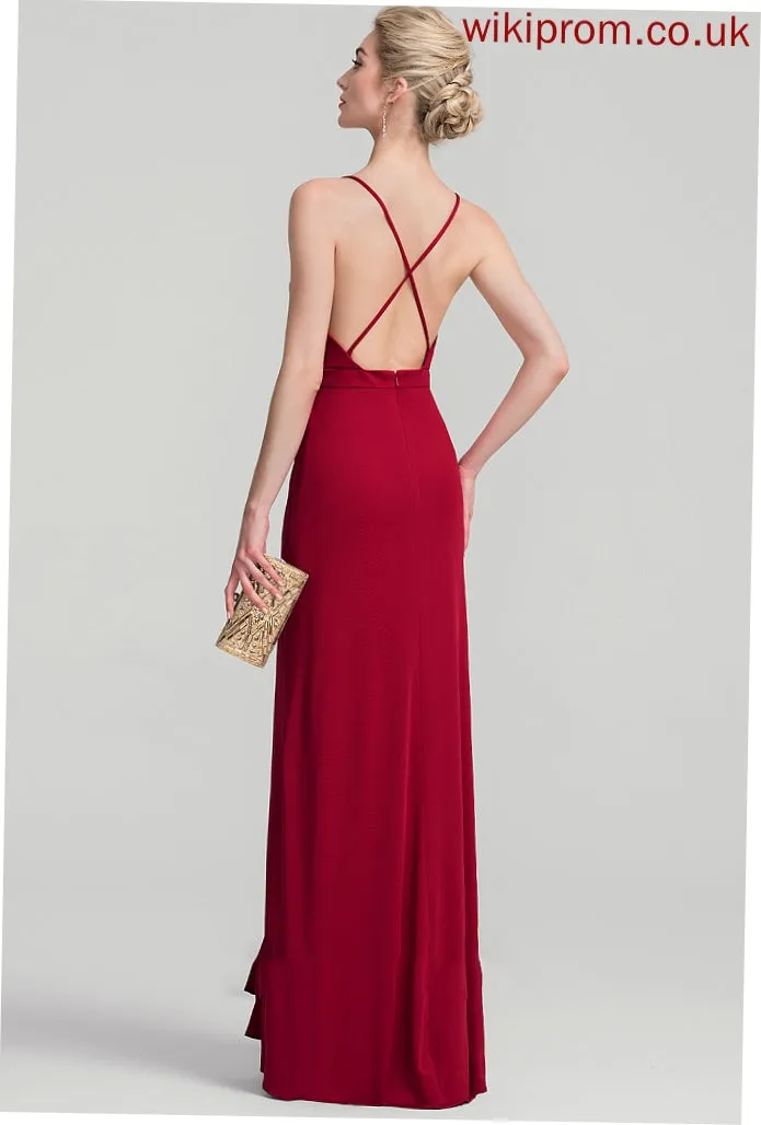 Sheath/Column Alessandra V-neck Ruffle Floor-Length With Jersey Prom Dresses
