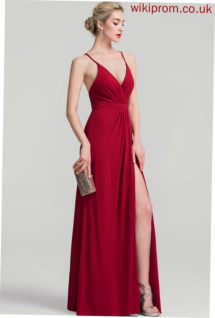 Sheath/Column Alessandra V-neck Ruffle Floor-Length With Jersey Prom Dresses
