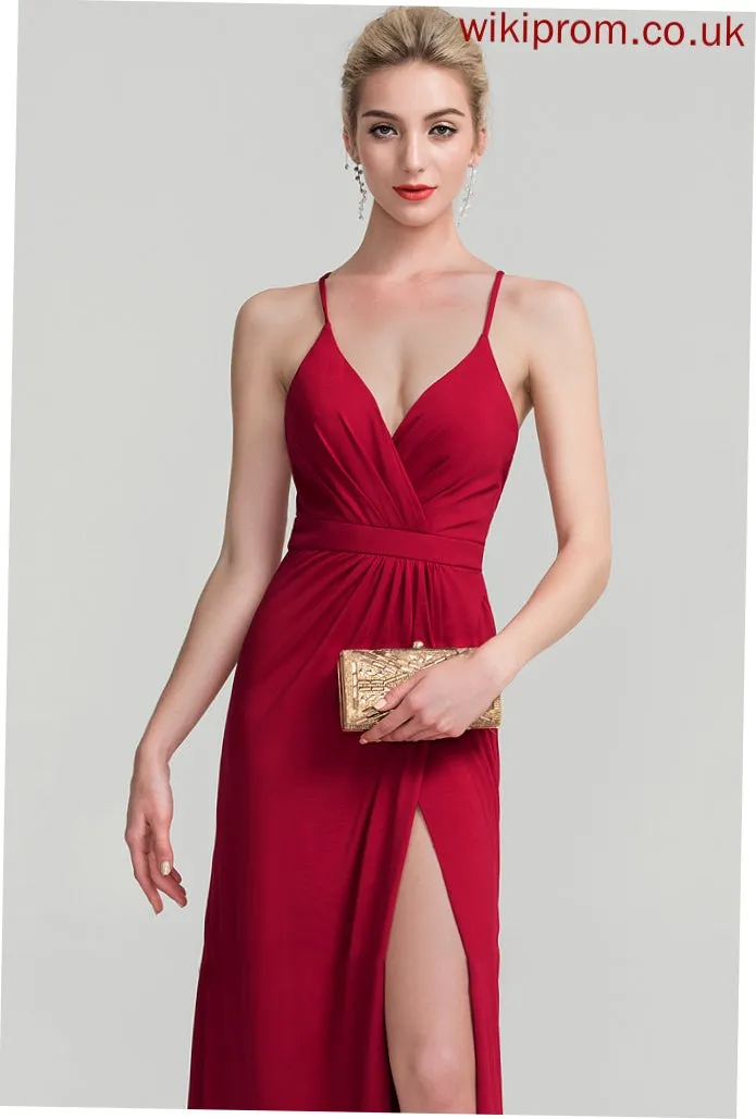 Sheath/Column Alessandra V-neck Ruffle Floor-Length With Jersey Prom Dresses