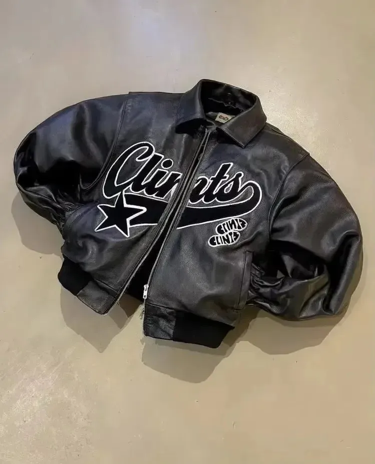 Streetwear Retro Leather Jacket Y2K Zip Jacket Mens Womens Hip Hop Rock Retro Graphic Oversized Jacket Casual Clothes