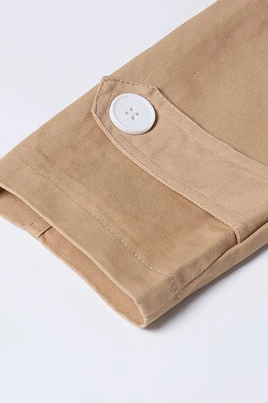 Striped stitching khaki belted waist long trench coat