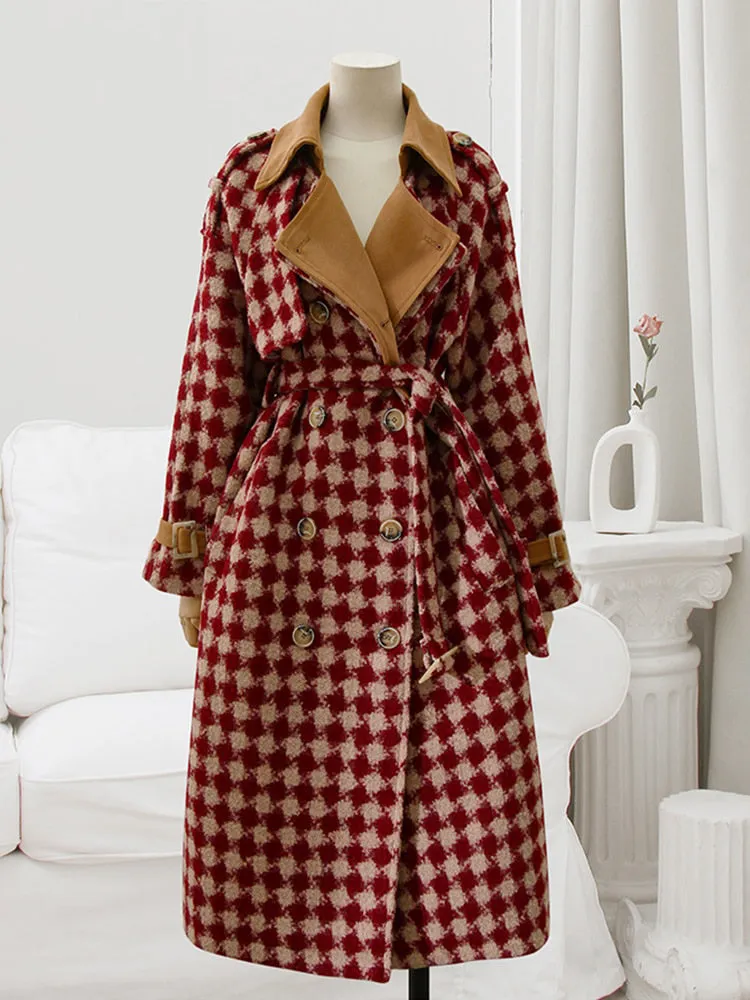Womens Trench Coats Red Tweed Woolen Coat Women Sashes Double Breasted