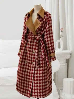 Womens Trench Coats Red Tweed Woolen Coat Women Sashes Double Breasted