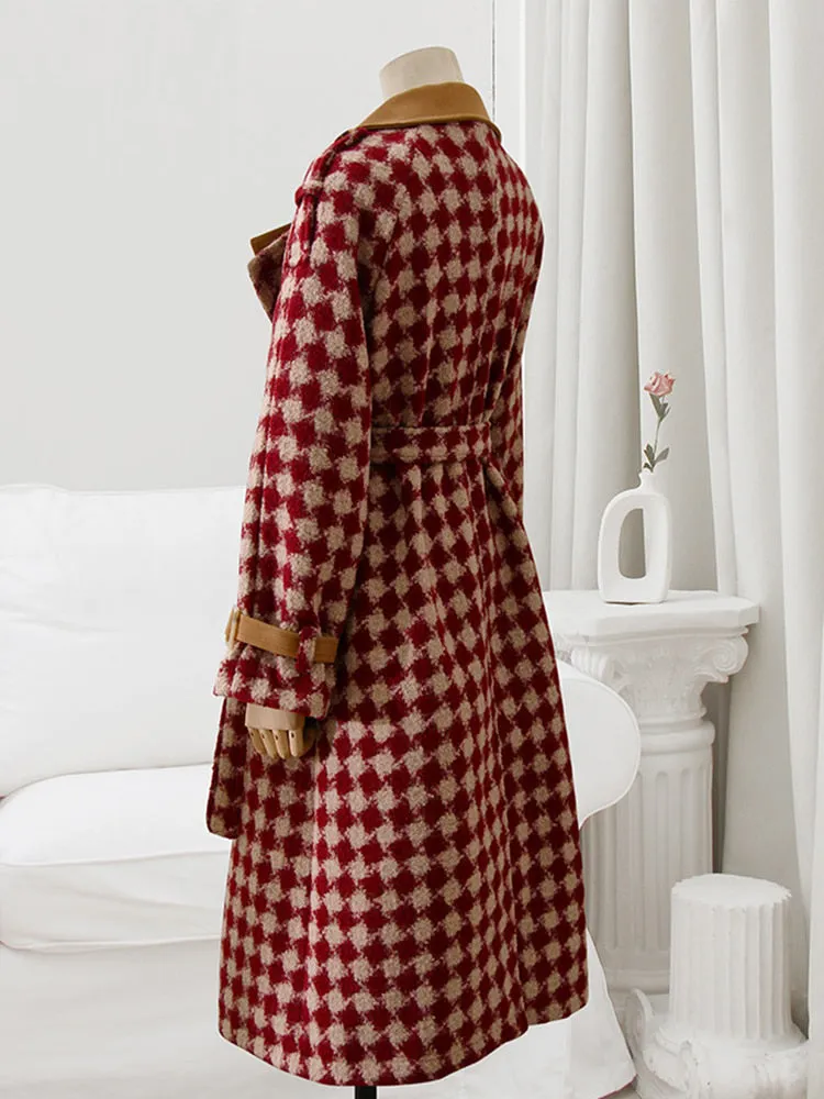 Womens Trench Coats Red Tweed Woolen Coat Women Sashes Double Breasted
