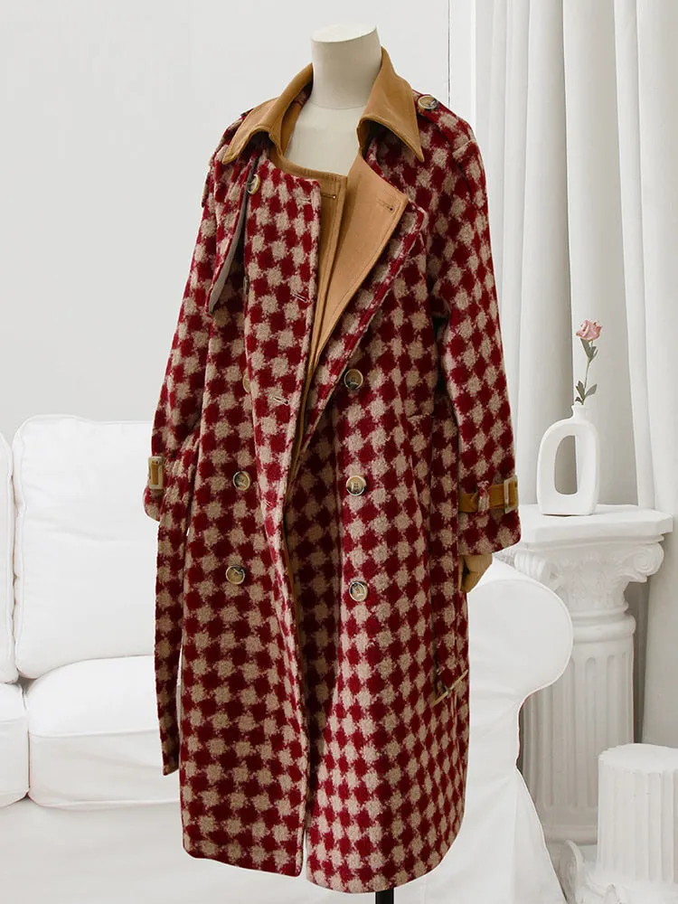 Womens Trench Coats Red Tweed Woolen Coat Women Sashes Double Breasted